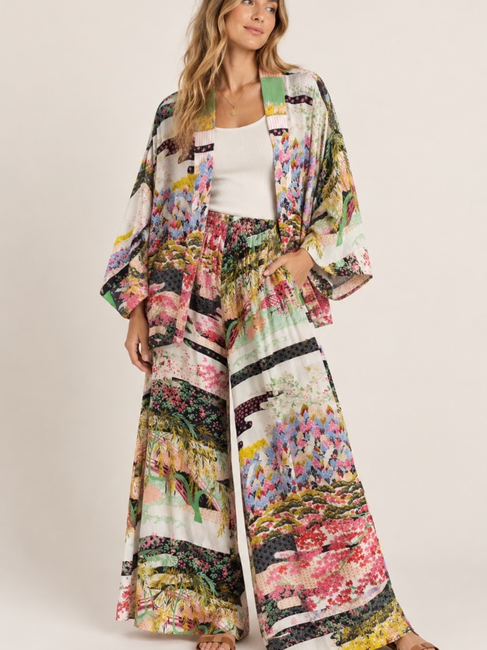 One Hundred Stars Kimono Palazzo Pants 2 Piece Set Boho Floral S/M Art to Wear